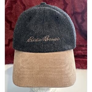 Eddie Bauer Wool Hat Cap Charcoal Gray Leather Brown Brim Adjustable Winter Fall
